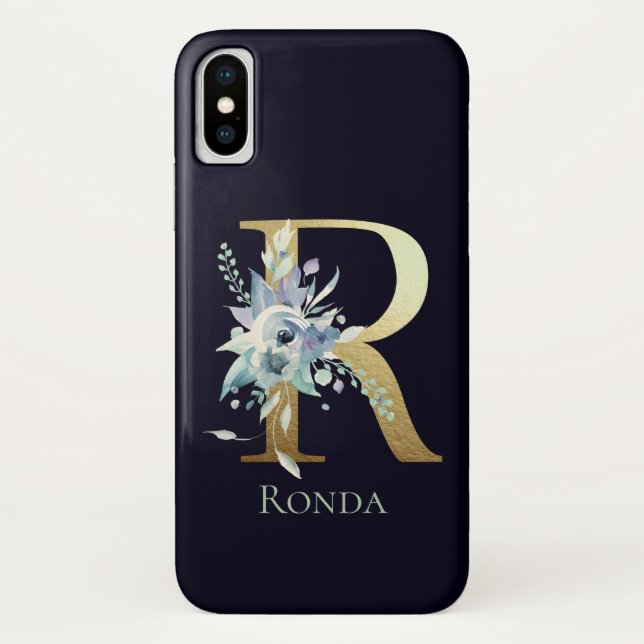 Coques Case-Mate iPhone Lettre Monogramme Or R Bleu Marine Floral Nom (Dos)