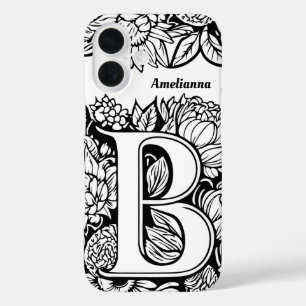 Coque Pour iPhone 16 Lettre personnalisée B Fleurs de tatouage noir bla