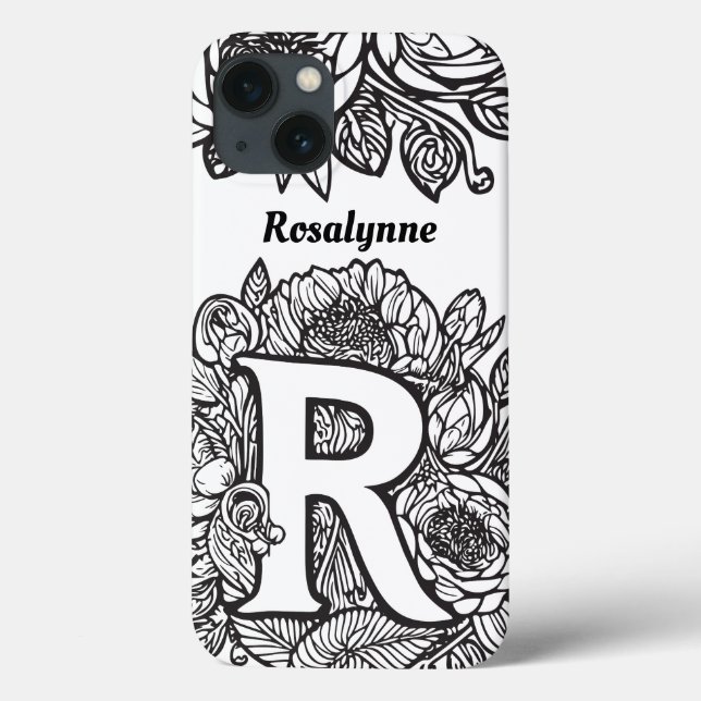 Coques Case-Mate iPhone Lettre personnalisée R Fleurs de tatouage noir bla (Verso)