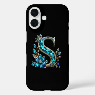 Coque Pour iPhone 16 Lettre S et Couronne en Cristal de Turquoise