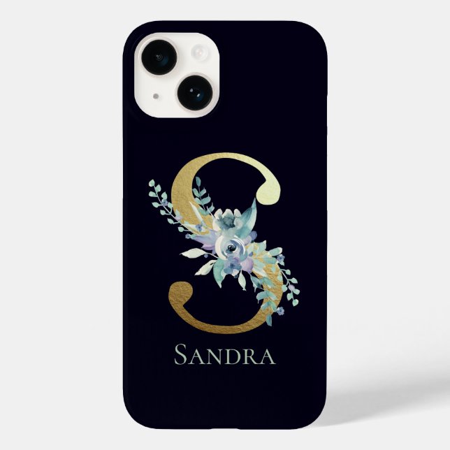 Coques Case-Mate iPhone Lettre S Monogramme Or Élégant Fleur Bleue Nom (Verso)