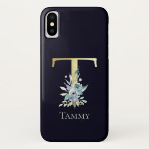 Case-Mate iPhone Case Lettre T Monogramme Or Luxe Fleur Bleue Nom