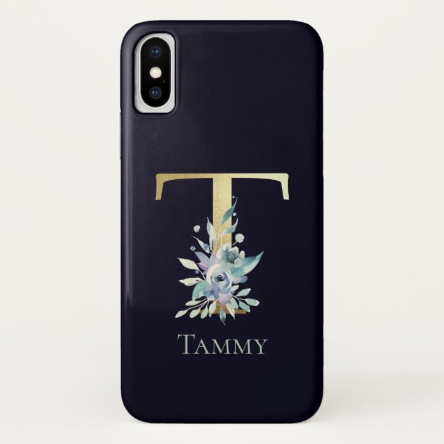 Coques Case-Mate iPhone Lettre T Monogramme Or Luxe Fleur Bleue Nom (Dos)