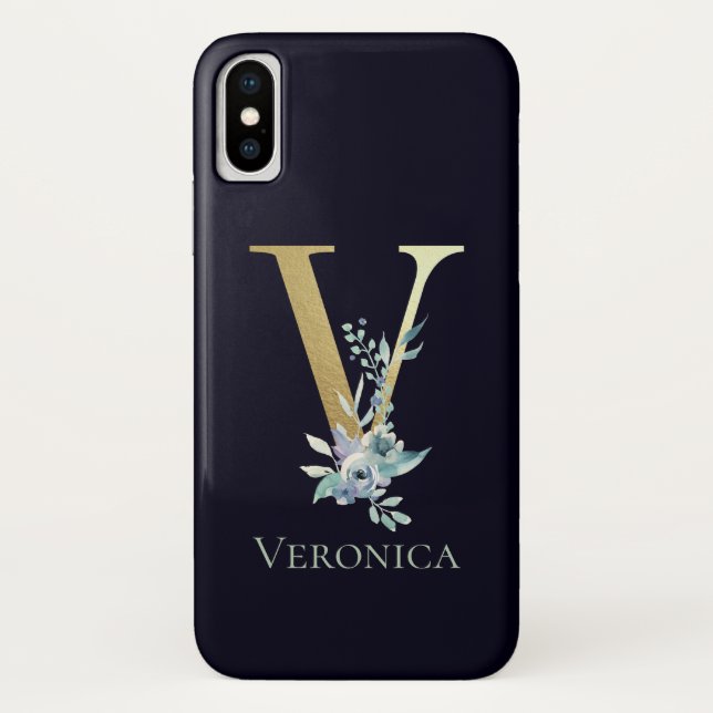 Coques Case-Mate iPhone Lettre V Monogramme Or Luxe Fleur Bleu Nom (Dos)