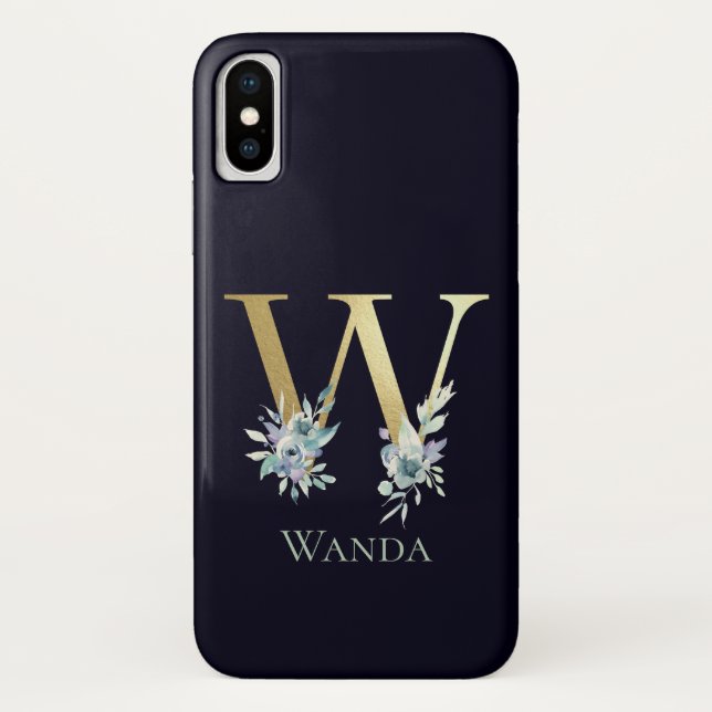 Coques Case-Mate iPhone Lettre W Monogramme Or Luxe Fleur Bleue Nom (Dos)