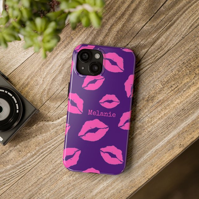 Coques Case-Mate iPhone Lèvres de bisou rose personnalisées sur violet (Créateur téléchargé)