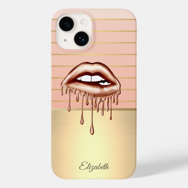 Coques Case-Mate iPhone Lèvres rayées dorées chic élégantes, gouttes (Verso)