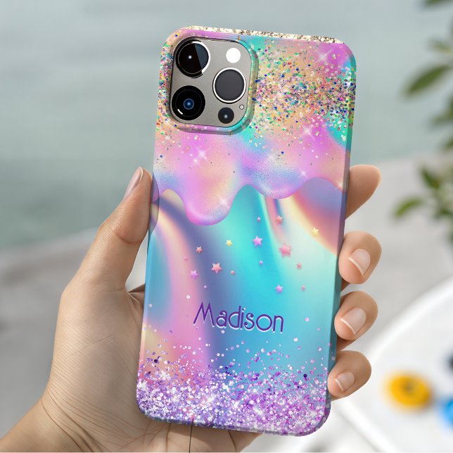 Coques Case-Mate iPhone Licorne holographique chic dégoulinant de monogram (Créateur téléchargé)