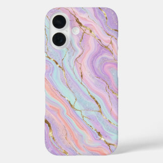 Coque Pour iPhone 16 Licorne Pastel Holographique Marbre Paillettes Dor