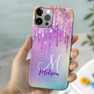 Coque Case-Mate iPhone Licorne rose chic gouttant paillettes monogramme
