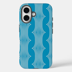 Coque Pour iPhone 16 Lignes blanches Abstraites rétro sur Motif bleu