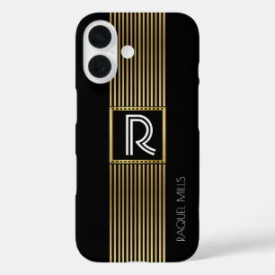 Coques iPhone 16 Lignes d'or Monogramme / noir monogrammé
