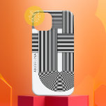 Coque Case-Mate iPhone Lignes géométriques zen modernes avec petit nom<br><div class="desc">Un design boho avec un motif rayé et des formes circulaires en noir et blanc. Un design audacieux mais minimal avec une zone facultative pour ajouter du texte.</div>