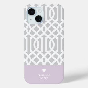 Coque Case-Mate iPhone Lilac et Grey Trellis Monogramme cardiaque