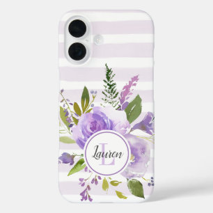 Coque Pour iPhone 16 Lilac Floral et rayures Monogramme