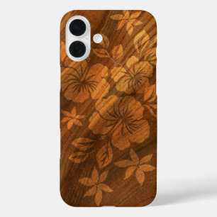 Coque Pour iPhone 16 Plus Lilikoi Hibiscus Hawaiian Faux Wood Burl
