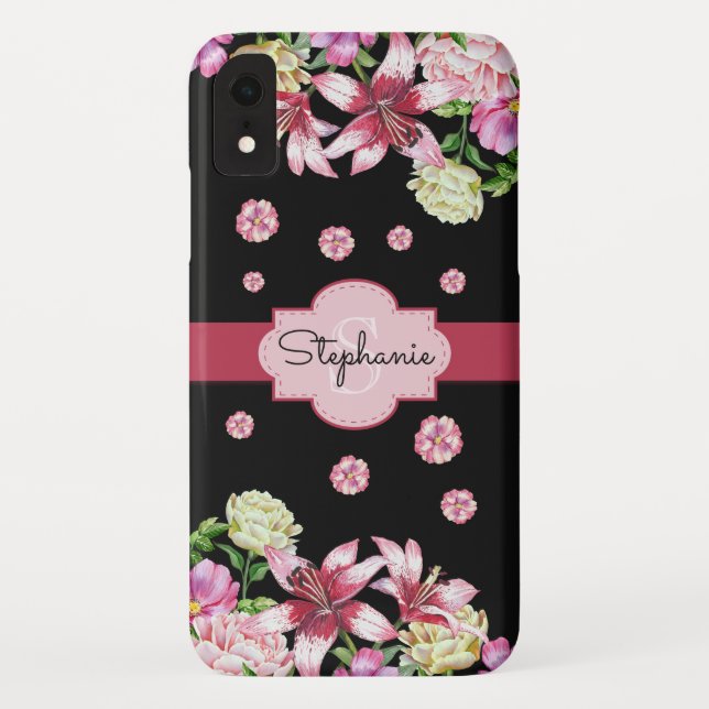 Coques Case-Mate iPhone Lily Peony Aquarelle Florale Noir Monogramme (Dos)
