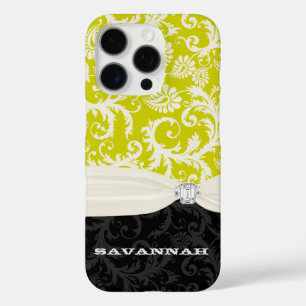 Coque iPhone 16 Pro Lime et off Blanc Damas Imprimé Faux Rhinestone