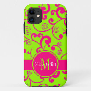 Coque iPhone 11 Lime vert avec design de défilement rose Monogram