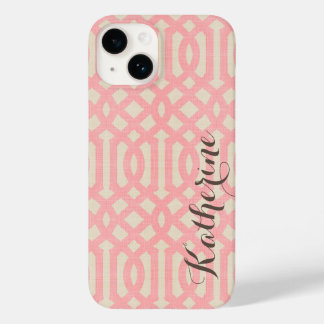 Coque Pour iPhone 14 Lin rustique Monogramme beige et Trellis rose