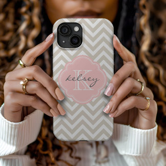 Coque Case-Mate iPhone Linge Beige et rose Chevron Personnalisé Monogramm