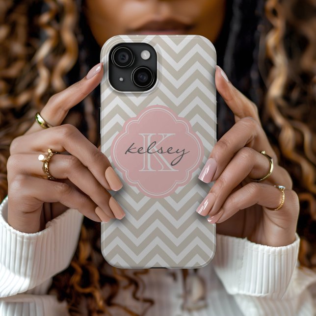 Coques Case-Mate iPhone Linge Beige et rose Chevron Personnalisé Monogramm (Créateur téléchargé)