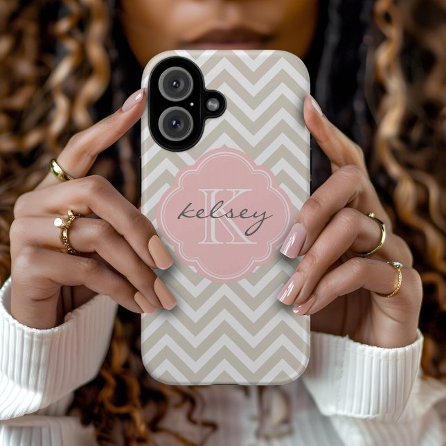 Coques Case-Mate iPhone Linge Beige et rose Chevron Personnalisé Monogramm (Créateur téléchargé)