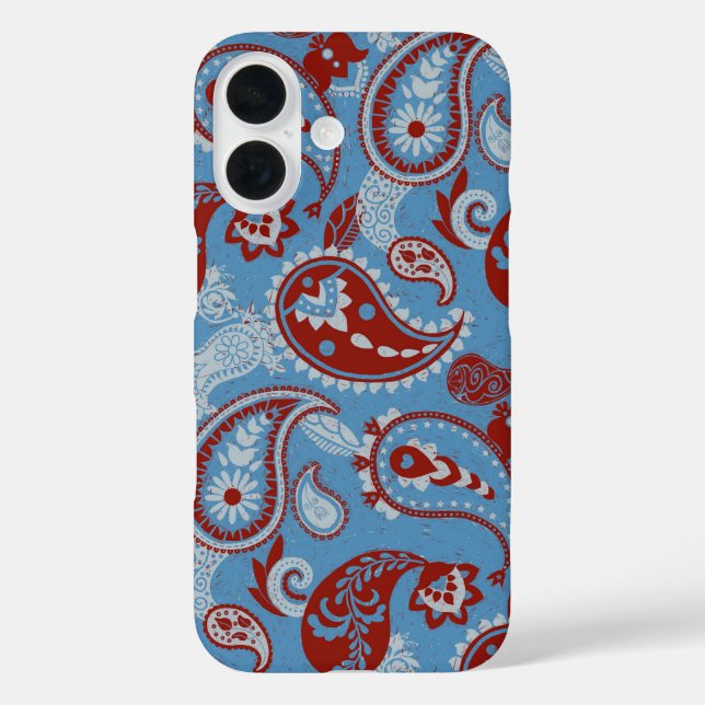 Coques Case-Mate iPhone Linocut traditionnel Paisley Rouge Bleu Blanc (Verso)