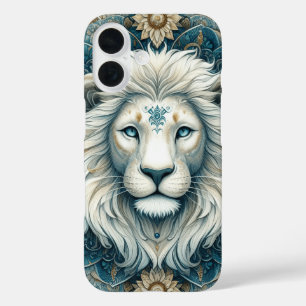 Coque Pour iPhone 16 Lion blanc Turquoise Floral bleu Majestic