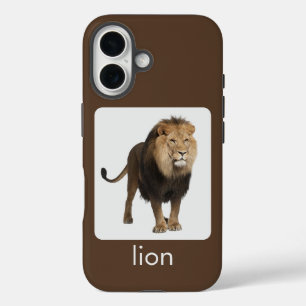 Coque Pour iPhone 16 Lion sur fond blanc et marron avec texte