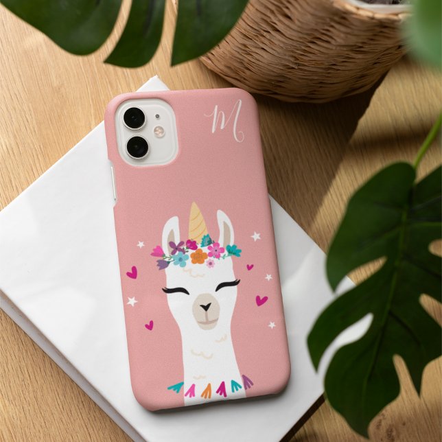 Coques Case-Mate iPhone Llamacorn | Kawaii Cartoon Unicorn Llama Monogramm (Créateur téléchargé)