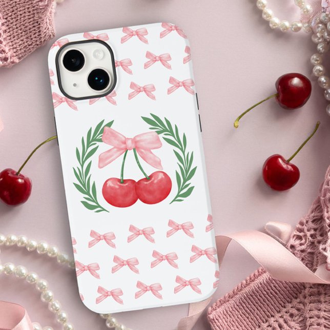 Coques Case-Mate iPhone Logo de Prppy Cherries Pink Bows et Laurel Wreath (iphone case with pink bows and cherry logo by Darling and May)