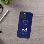 Coque Pour iPhone 16 Logo marine bleu blanc monogramme initiales affair<br><div class="desc">Arrière - plan bleu marine et texte blanc. Personnalisez et ajoutez votre entreprise,  le logo de l'entreprise,  les initiales monographiques et le nom.</div>
