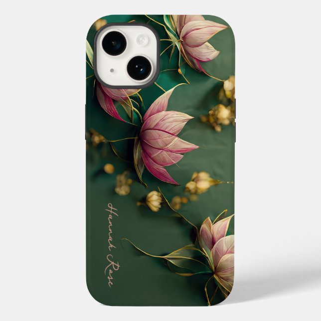 Coques Case-Mate iPhone Lotus Floral Élégant Rose & Or | Monogramme (Verso)