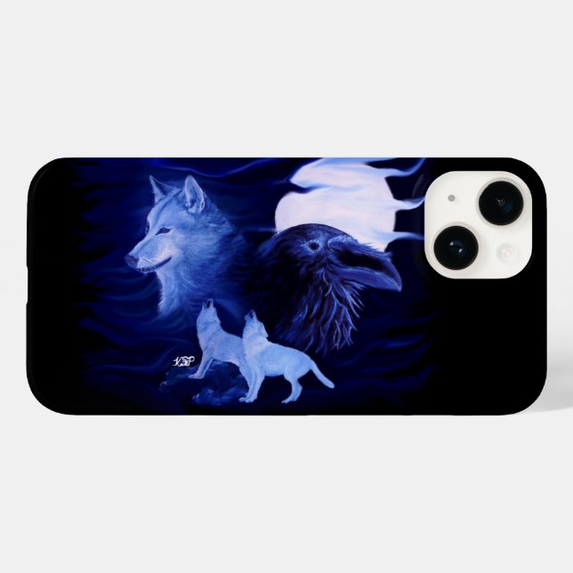 Coques Case-Mate iPhone Loup et corbeau avec pleine lune (Verso (horizontal))