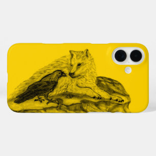 Coque Pour iPhone 16 Plus Loup et corbeau noir et jaune
