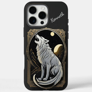Coque iPhone 16 Pro Max Loup hurlant contre ciel nocturne avec des planète