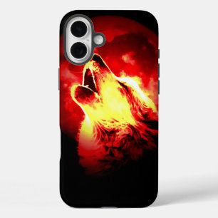 Coques iPhone 16 Plus Loup, lune et ciel rouge
