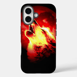 Coque Pour iPhone 16 Loup, lune et ciel rouge