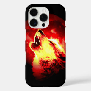 Coque iPhone 16 Pro Loup, lune et ciel rouge