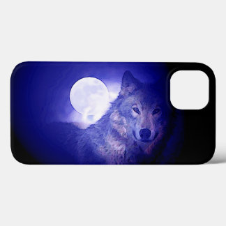 Etui iPhone 13 Loup, Lune et Nuit Bleue