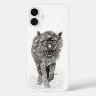 Coque Pour iPhone 16 Plus Loup noir en colère dans la neige, hiver sauvage