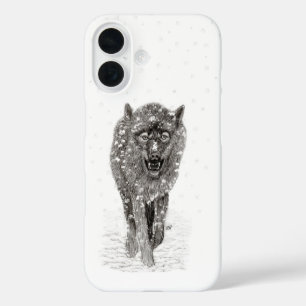 Coque Pour iPhone 16 Loup noir en colère dans la neige, hiver sauvage