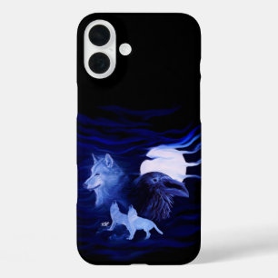 Coque Pour iPhone 16 Plus Loups et corbeau avec pleine lune