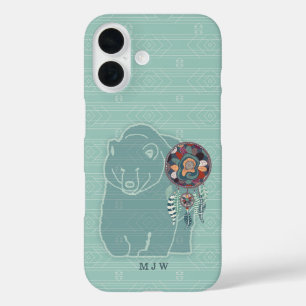 Coque Pour iPhone 16 L'ours en Turquoise, amérindienne monogramme