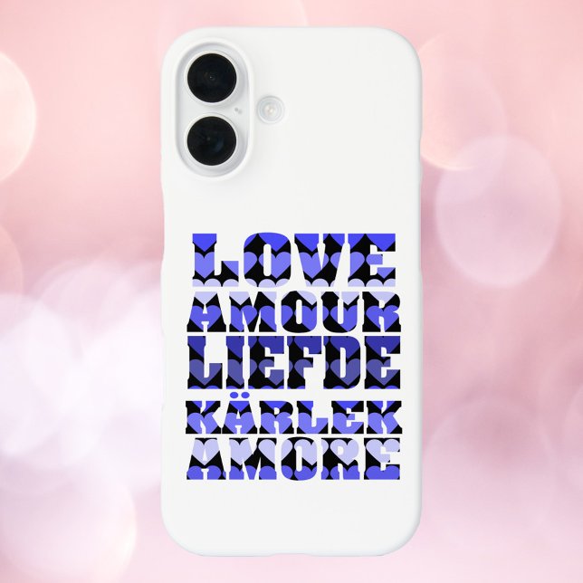 Coques Case-Mate iPhone Love Hearts Motif Bleu (A phone case that says love in English and foreign language with blue hearts)