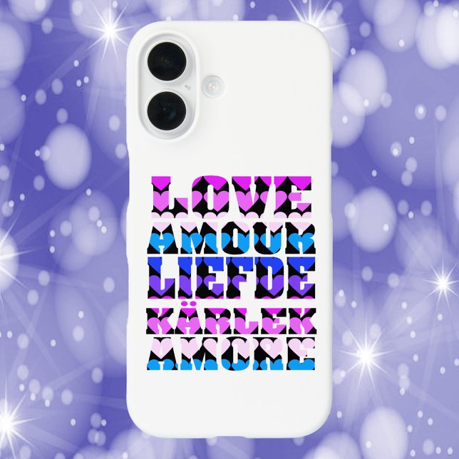 Coques Case-Mate iPhone Love Typographie Langues Coeurs rose violet bleu (A phone case that says love in a variety of languages in pink, purple and blue)