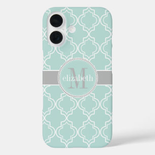 Coque Pour iPhone 16 Lt Turquoise gris blanc Quatrefoil marocain