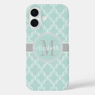 Coques iPhone 16 Lt Turquoise gris blanc Quatrefoil marocain
