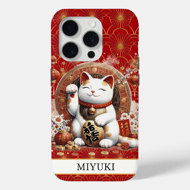 Coques Case-Mate iPhone Lucky Cat With Gold Coins Monogrammed (Verso)